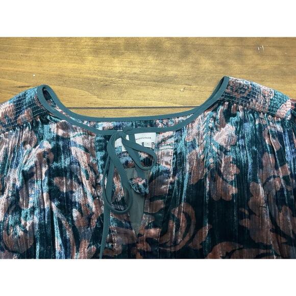 Anthropologie Faustine Velvet Peasant Blouse Medium Green Pink Oversized Boho - Picture 5 of 13
